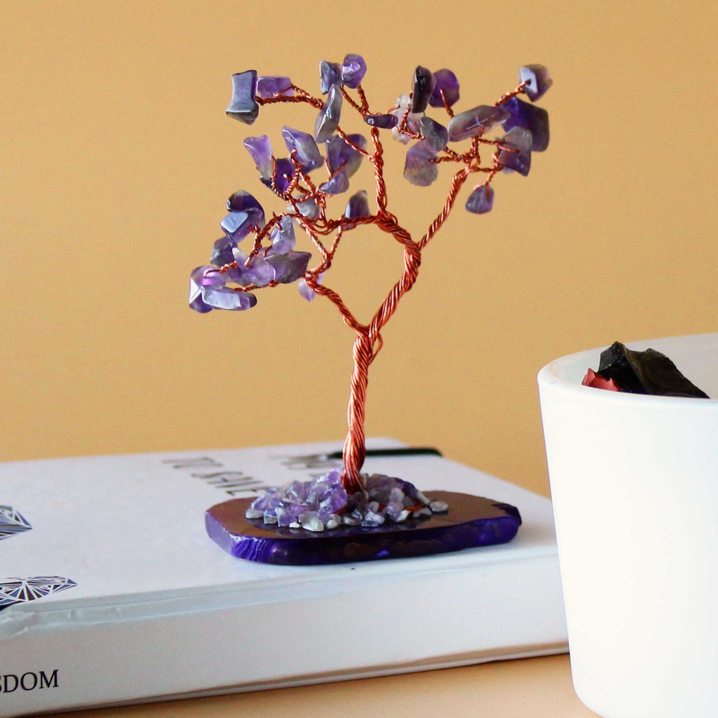 Amethyst crystal tree with agate base – handcrafted gemstone tree with 35 stones