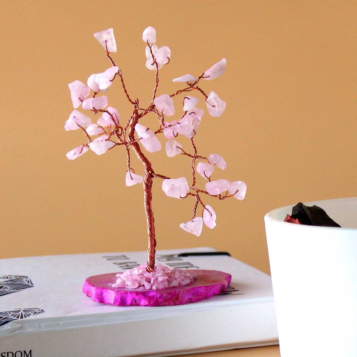 Rose Quartz crystal tree with agate base – handcrafted gemstone tree with 35 stones