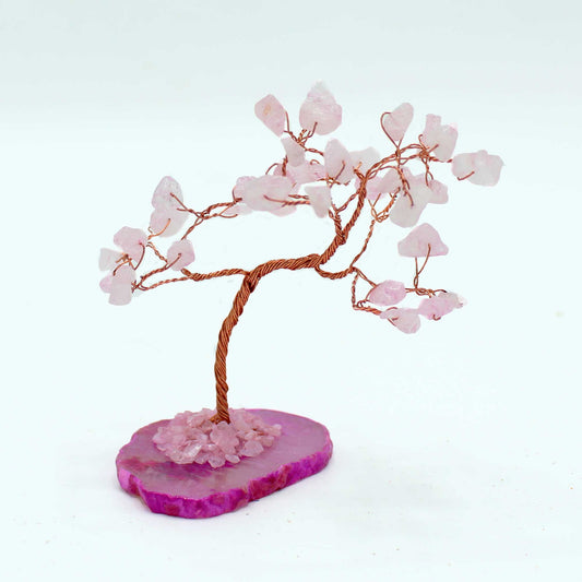 Rose Quartz crystal tree with agate base – handcrafted gemstone tree with 35 stones