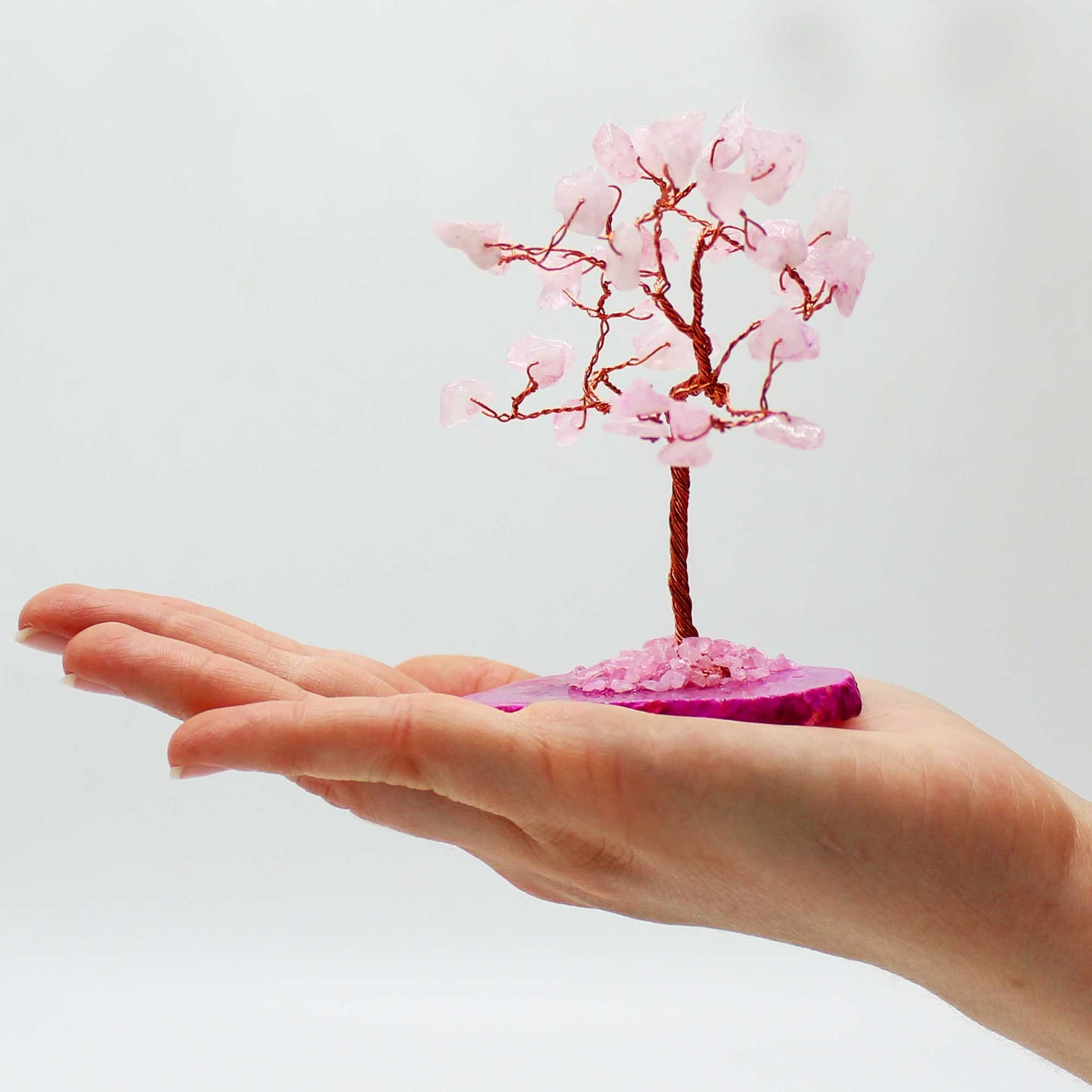 Rose Quartz crystal tree with agate base – handcrafted gemstone tree with 35 stones