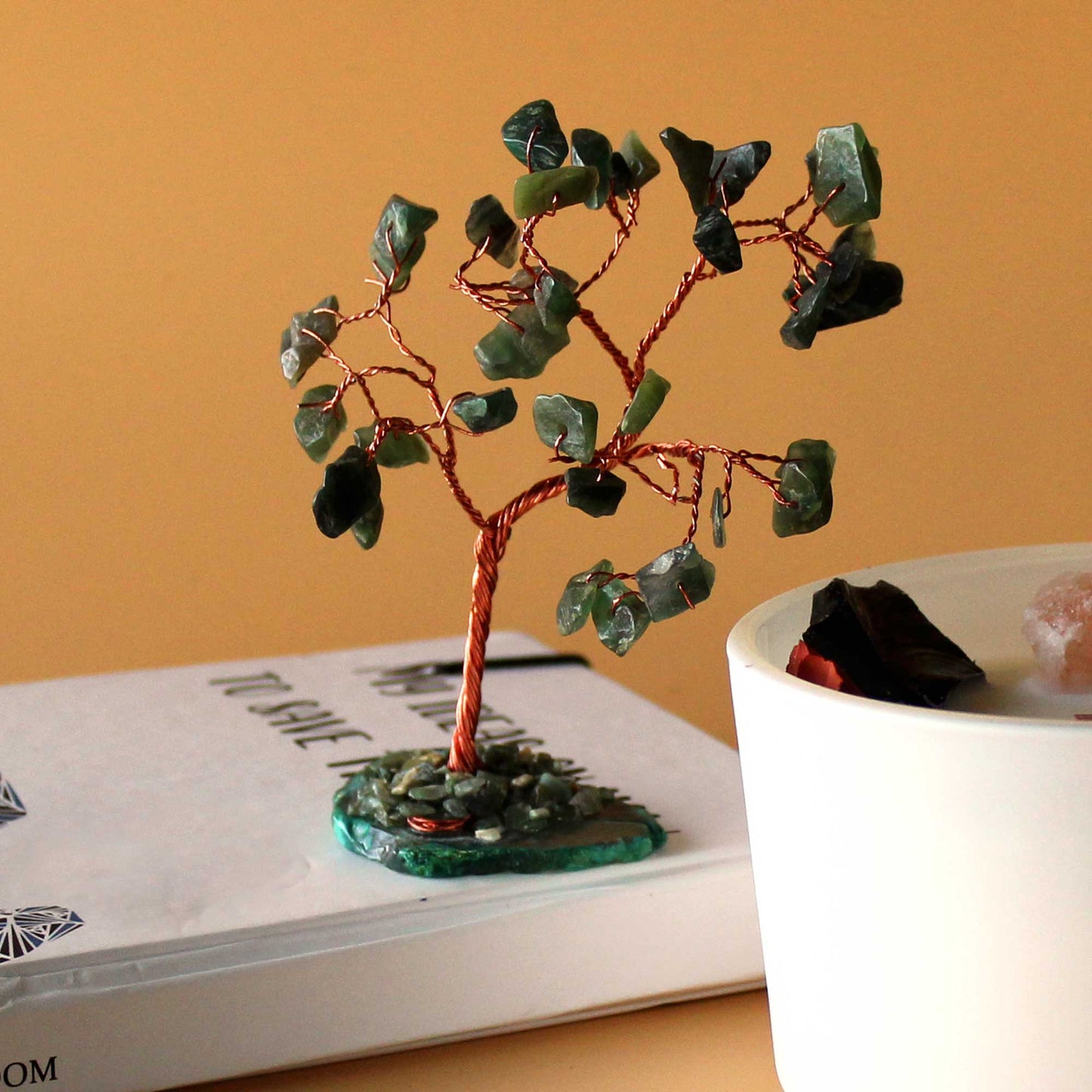 Green Aventurine crystal tree with agate base – handcrafted gemstone tree with 35 stones
