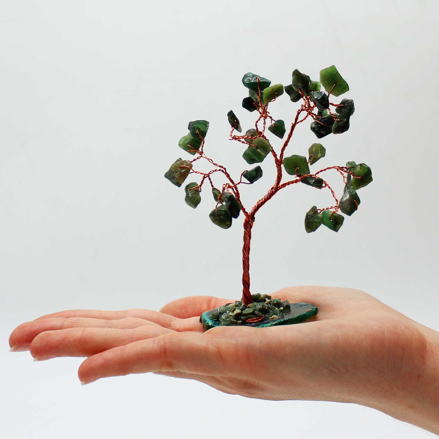 Green Aventurine crystal tree with agate base – handcrafted gemstone tree with 35 stones