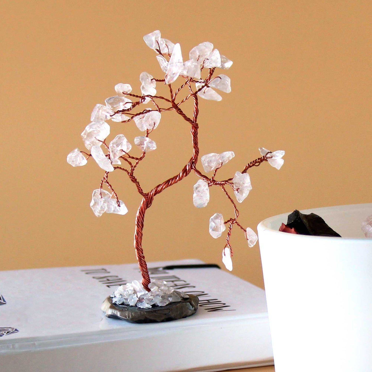 Rock Quartz crystal tree with agate base – handcrafted gemstone tree with 35 stones