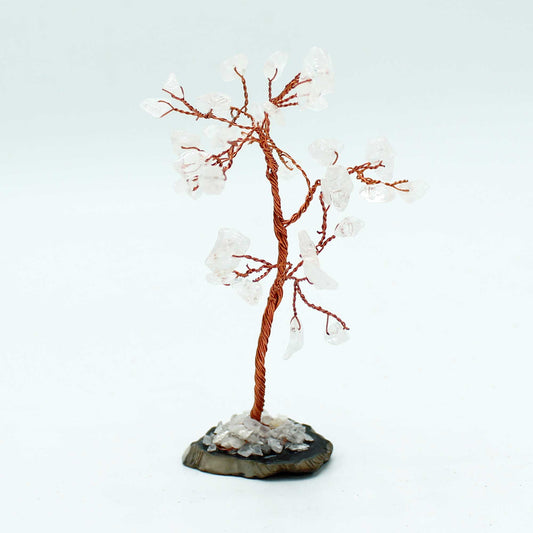 Rock Quartz crystal tree with agate base – handcrafted gemstone tree with 35 stones