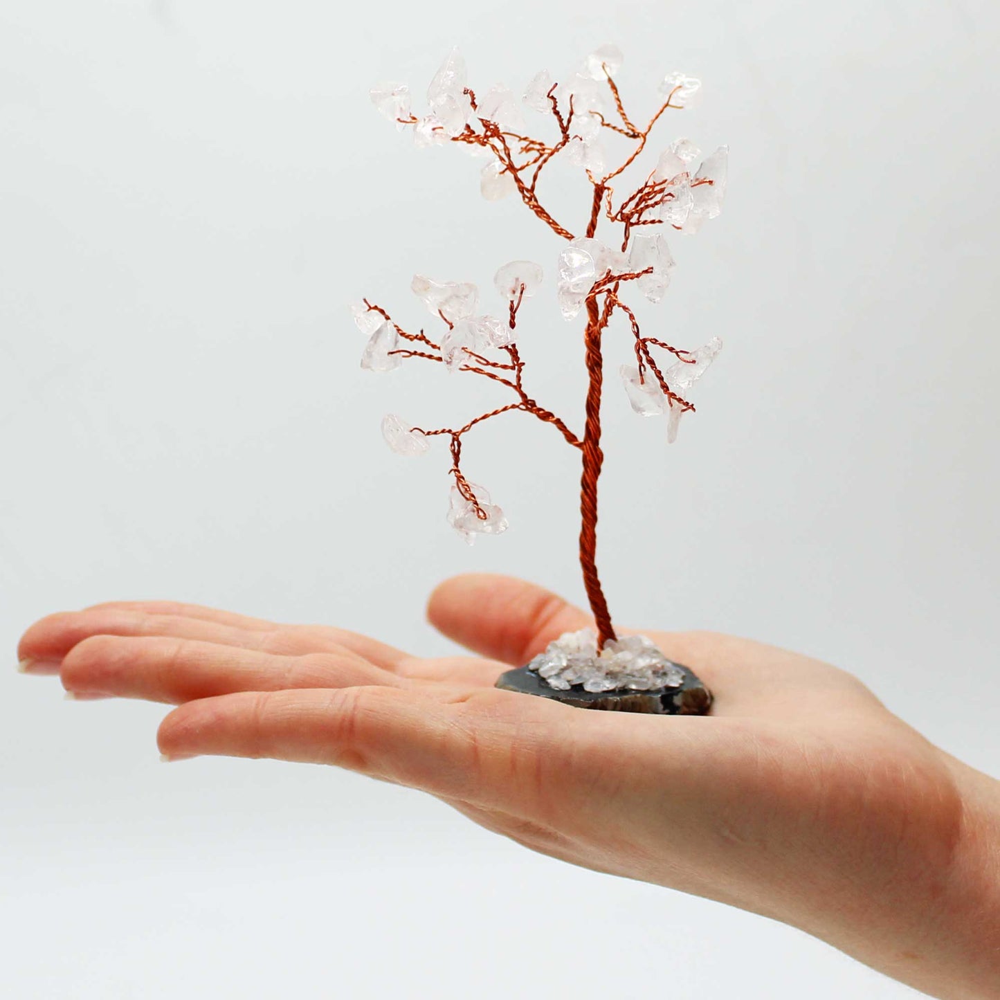 Rock Quartz crystal tree with agate base – handcrafted gemstone tree with 35 stones
