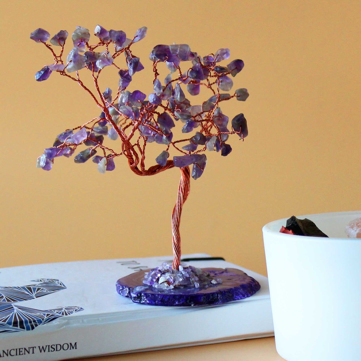 Amethyst crystal tree with agate base – handcrafted gemstone tree with 100 stones