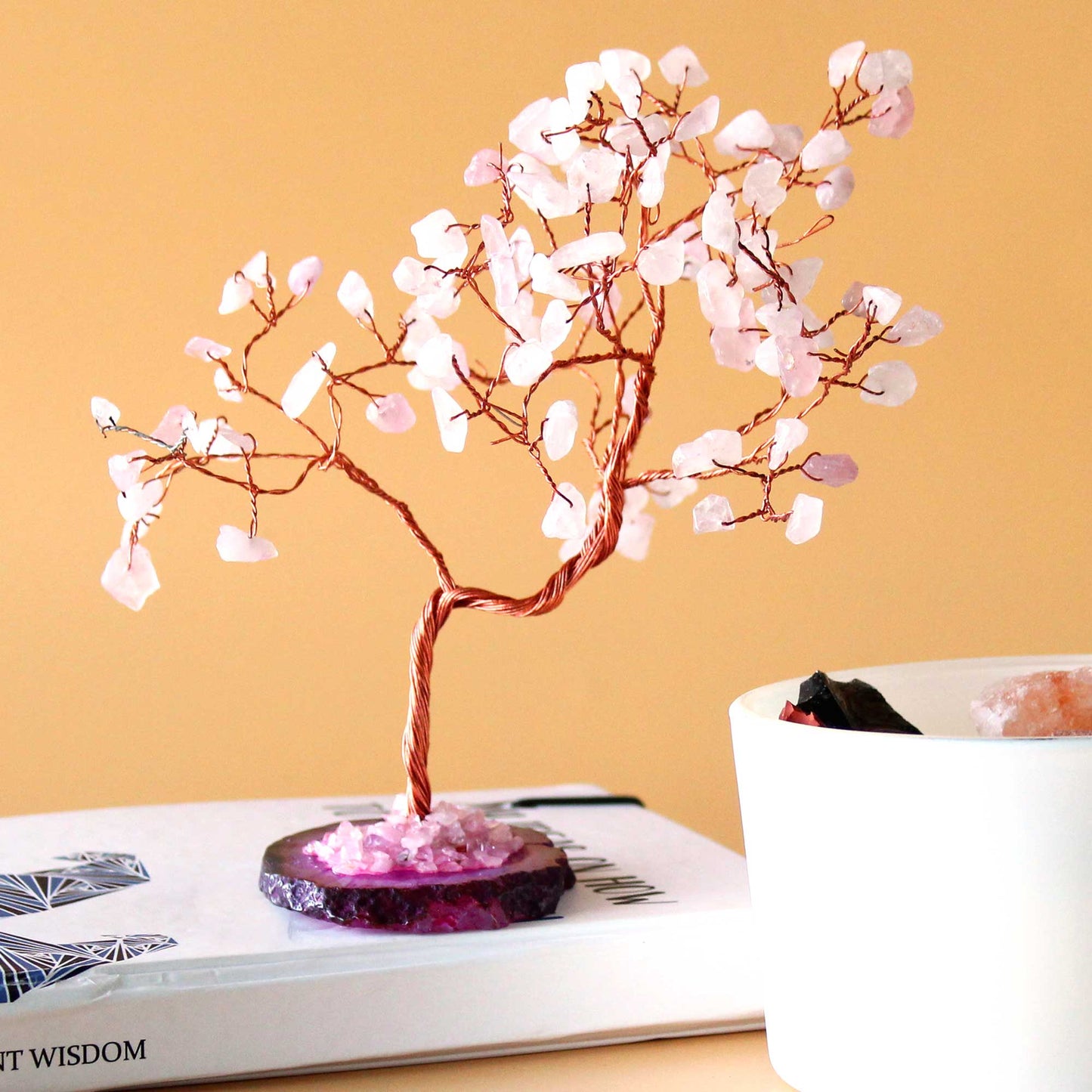 Rose Quartz crystal tree with agate base – handcrafted gemstone tree with 100 stones