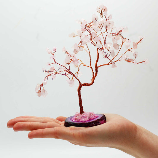 Rose Quartz crystal tree with agate base – handcrafted gemstone tree with 100 stones