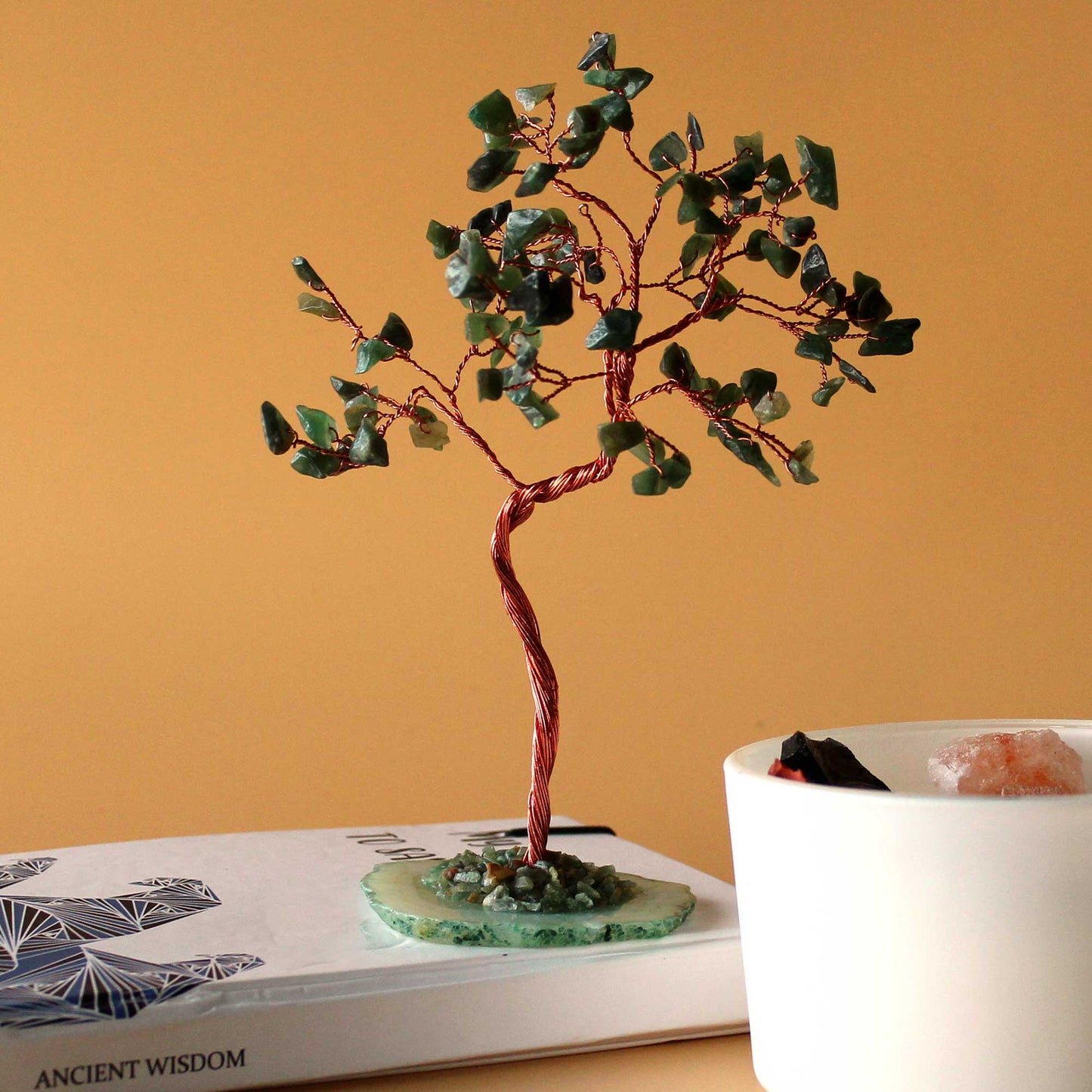 Green Aventurine crystal tree with agate base – handcrafted gemstone tree with 100 stones