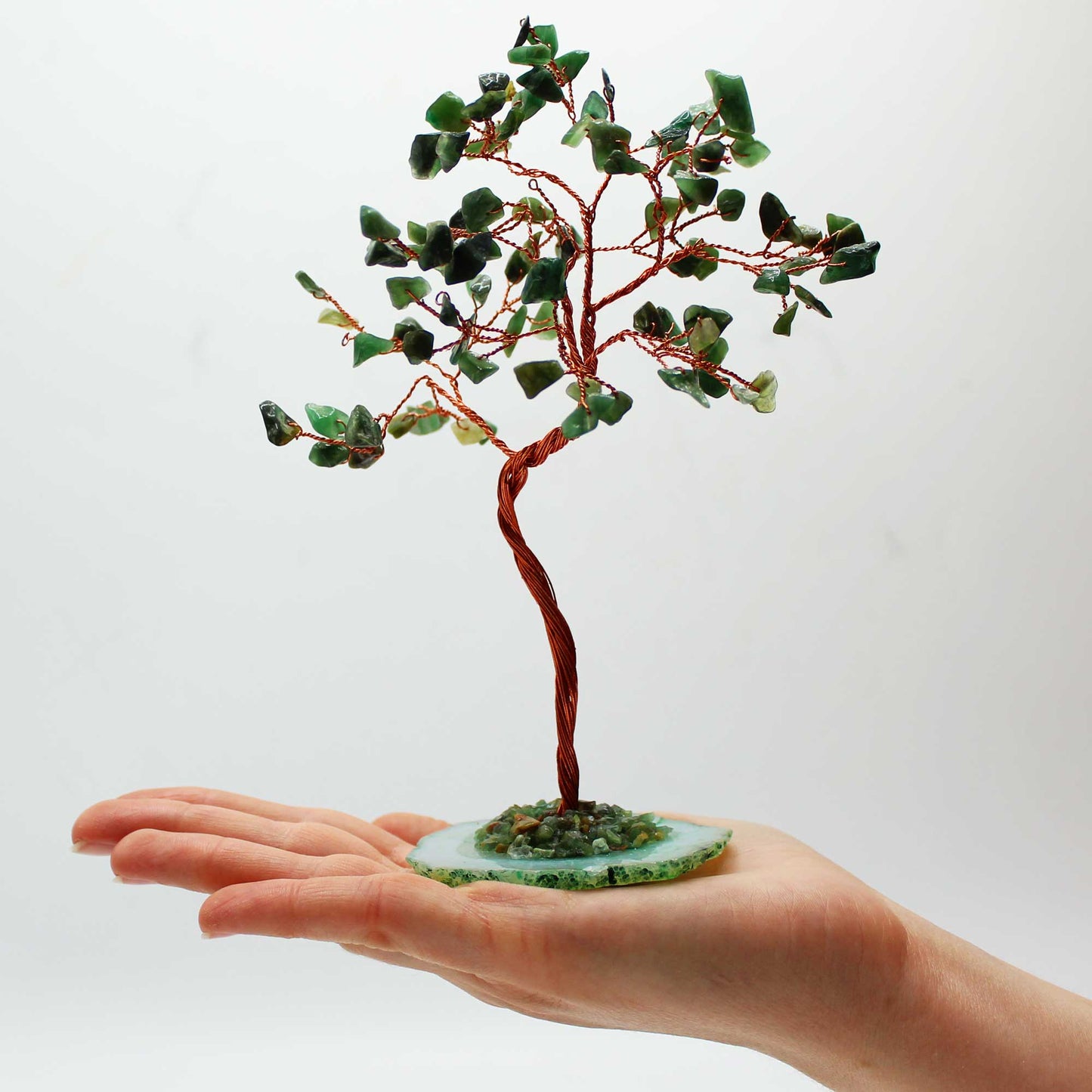 Green Aventurine crystal tree with agate base – handcrafted gemstone tree with 100 stones