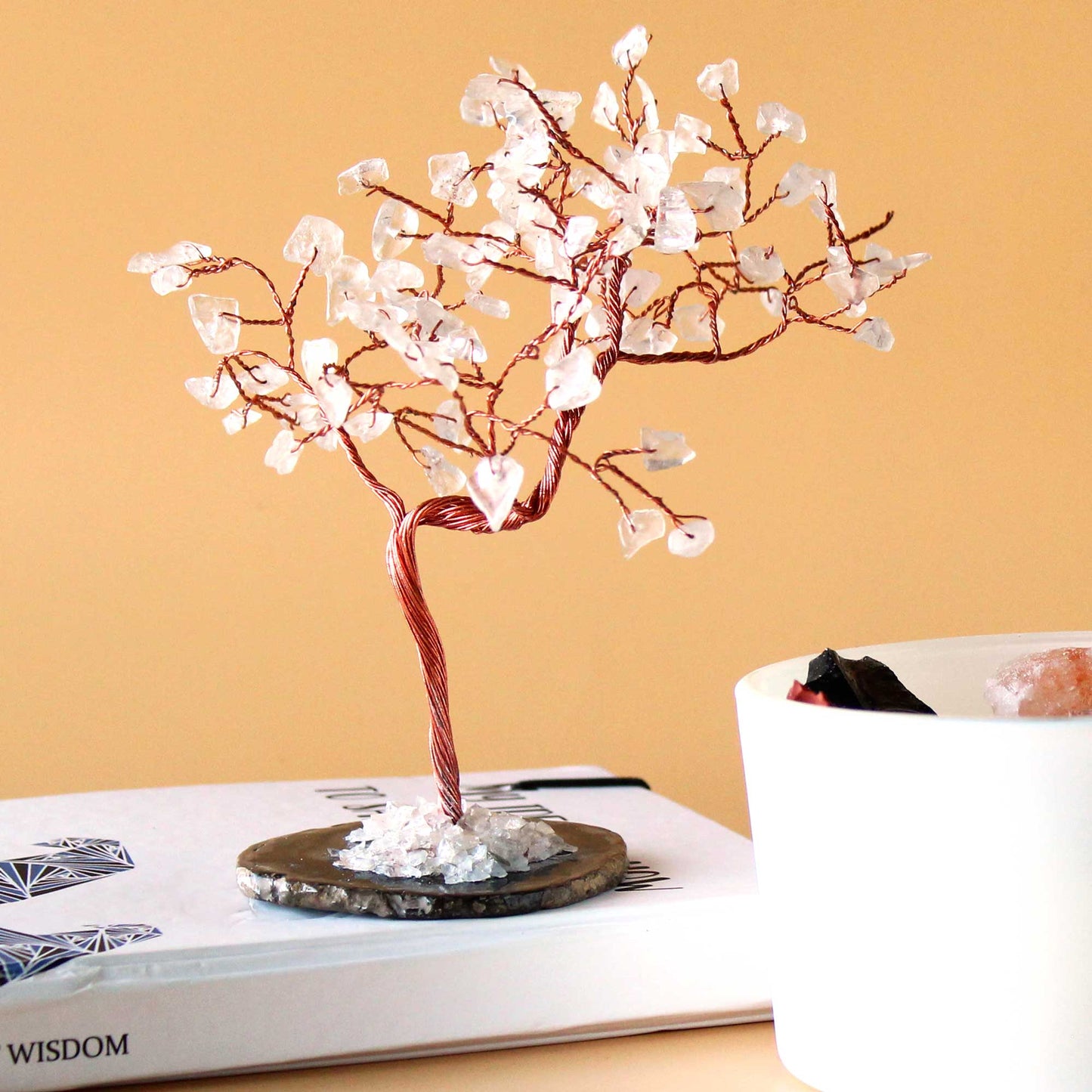 Rock Quartz crystal tree with agate base – handcrafted gemstone tree with 100 stones