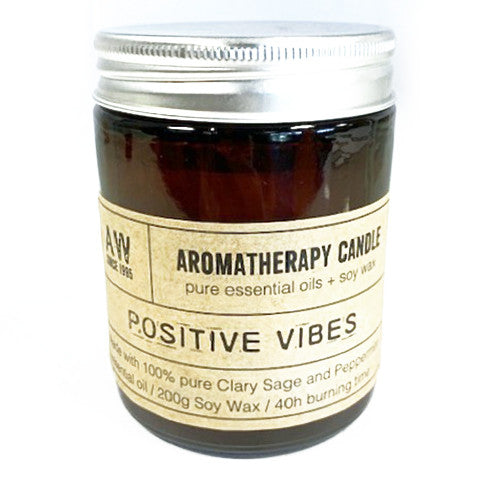 Positive Vibes soy wax aromatherapy candle with Clary Sage and Peppermint in amber jar