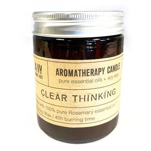 Clear Thinking soy wax aromatherapy candle with rosemary essential oil in amber jar