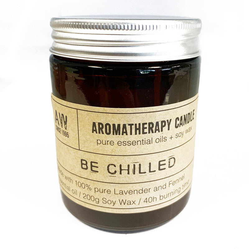 Be Chilled soy wax aromatherapy candle with lavender and fennel essential oils in amber jar