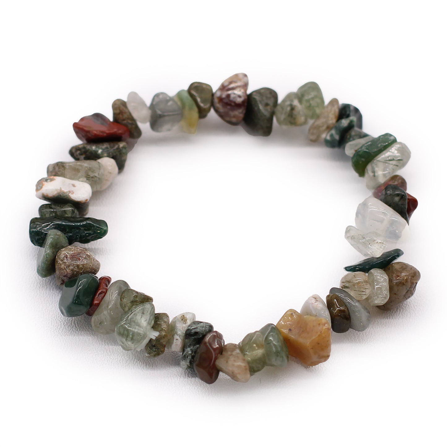 Moss Agate chip stone bracelet with green marbled stones, symbolising balance, renewal, and connection to nature.