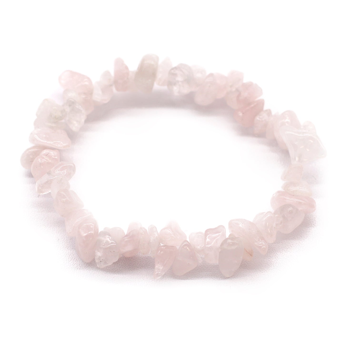 Rose Quartz chip stone bracelet with soft pink stones, symbolising love, compassion, and emotional healing.