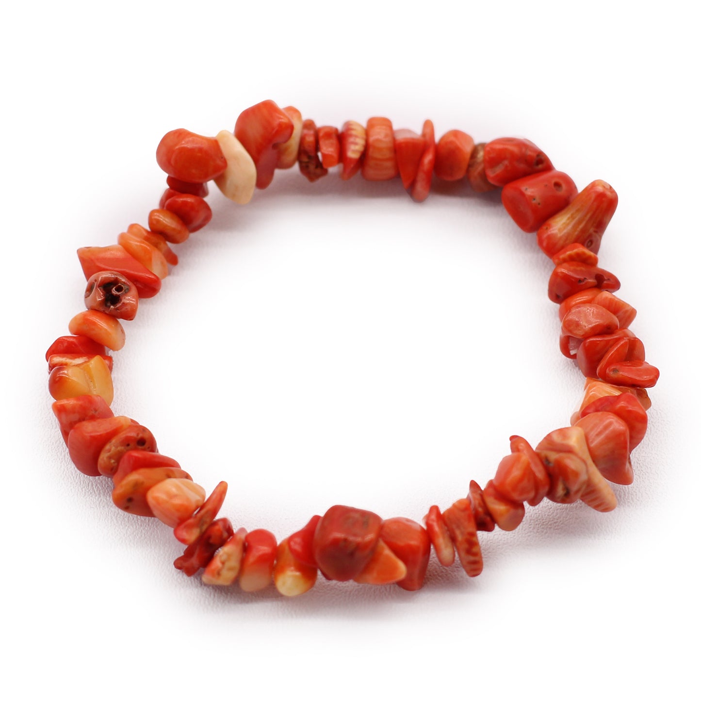 Chip stone bracelet made with redish pink Coralite stones, symbolising vitality, emotional healing, and inner peace.