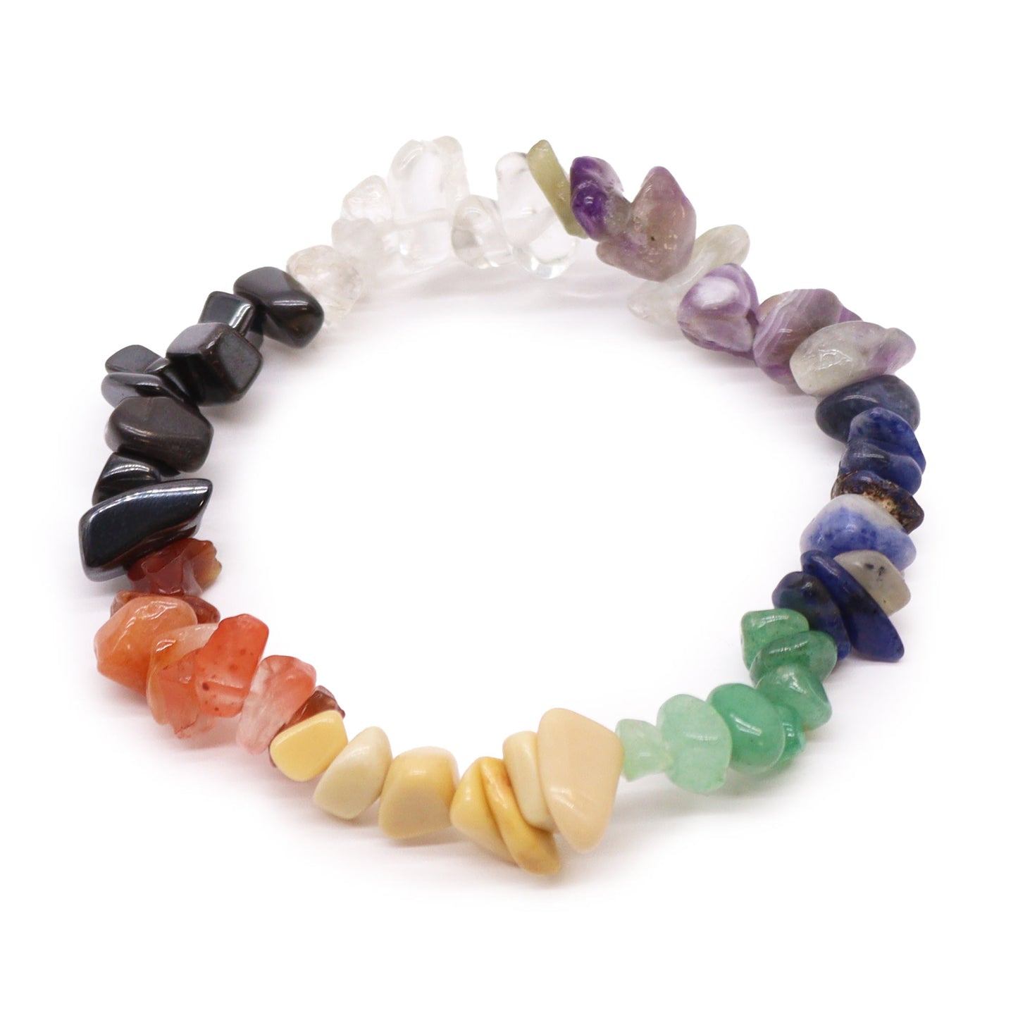 Chip stone chakra bracelet with seven natural gemstones, designed to align and balance the body’s energy centres.