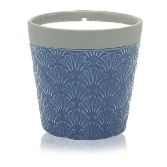 Blue Day soy wax candle in ceramic plant pot with calming British fragrance
