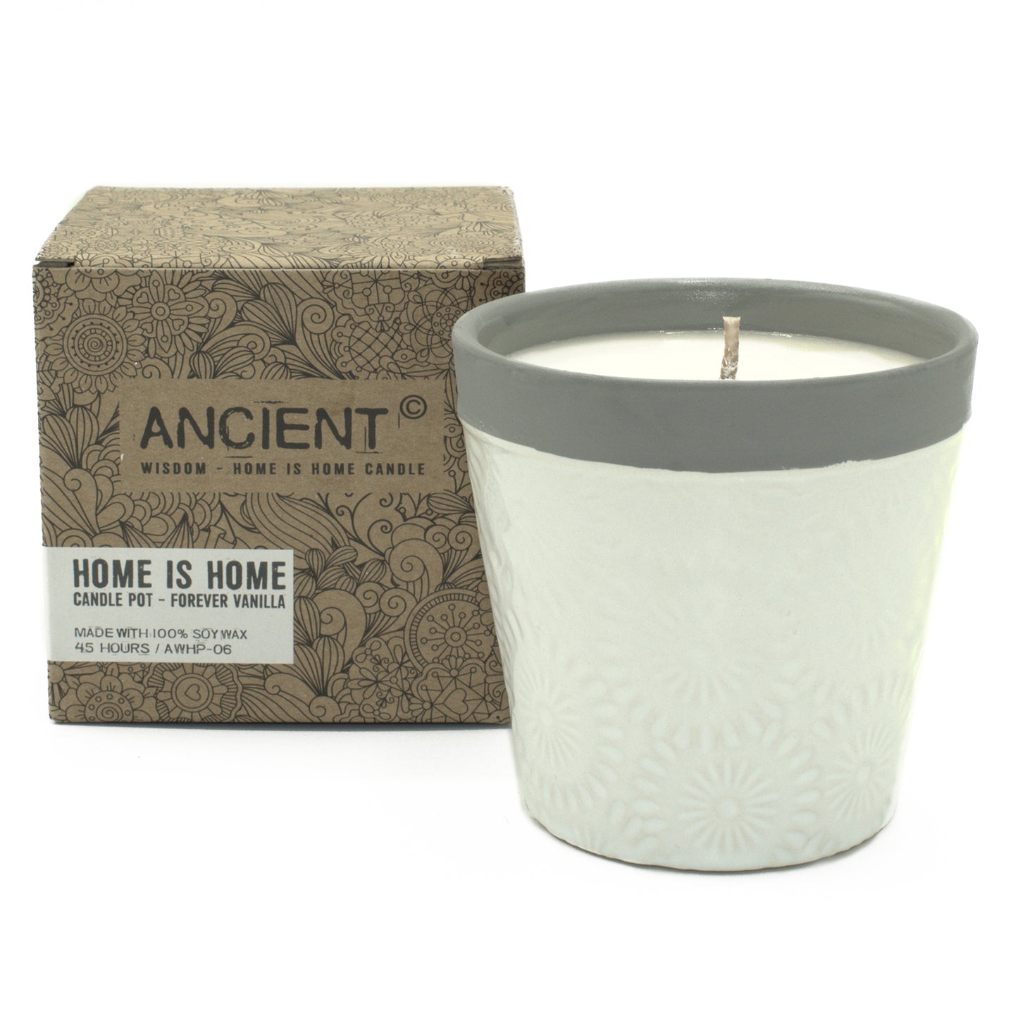 Forever Vanilla soy wax candle in ceramic plant pot with warm British vanilla fragrance
