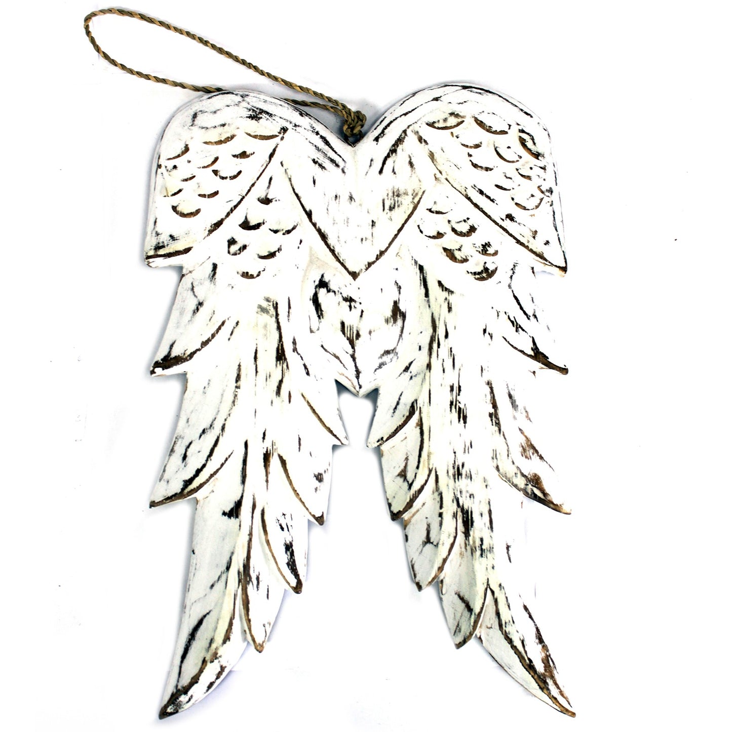 31cm double angel wing decoration in whitewashed wood – hand-carved in Bali with chalkboard back for personal messages.