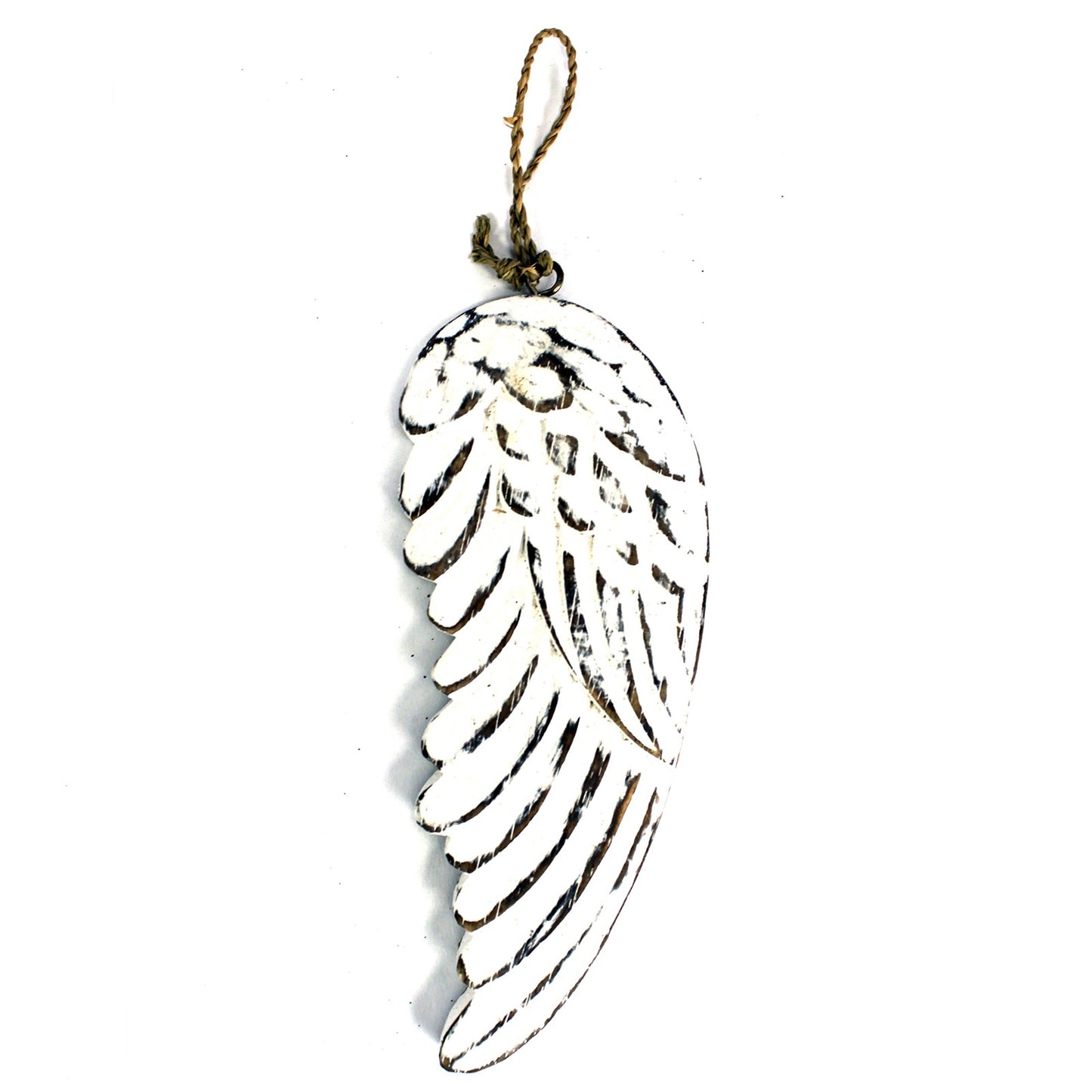 Single whitewashed angel wing hanging decoration – 18cm hand-carved from albesia wood with chalkboard back for personalised messages.