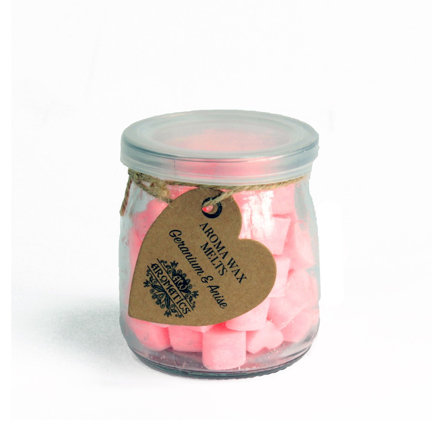 Geranium & Anise Aromatherapy Wax Melts in reusable glass jar – soy wax, approx. 14–18 hearts