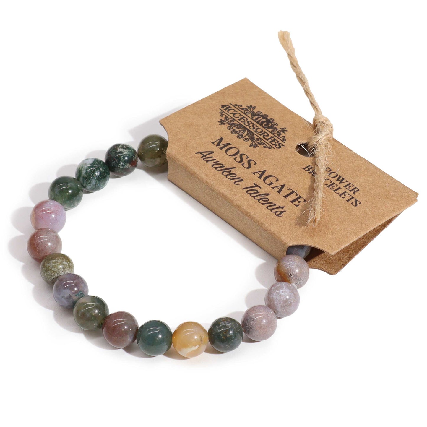 Moss Agate power bracelet with green 8mm beads, symbolising personal growth, talent awakening, and grounded creativity.