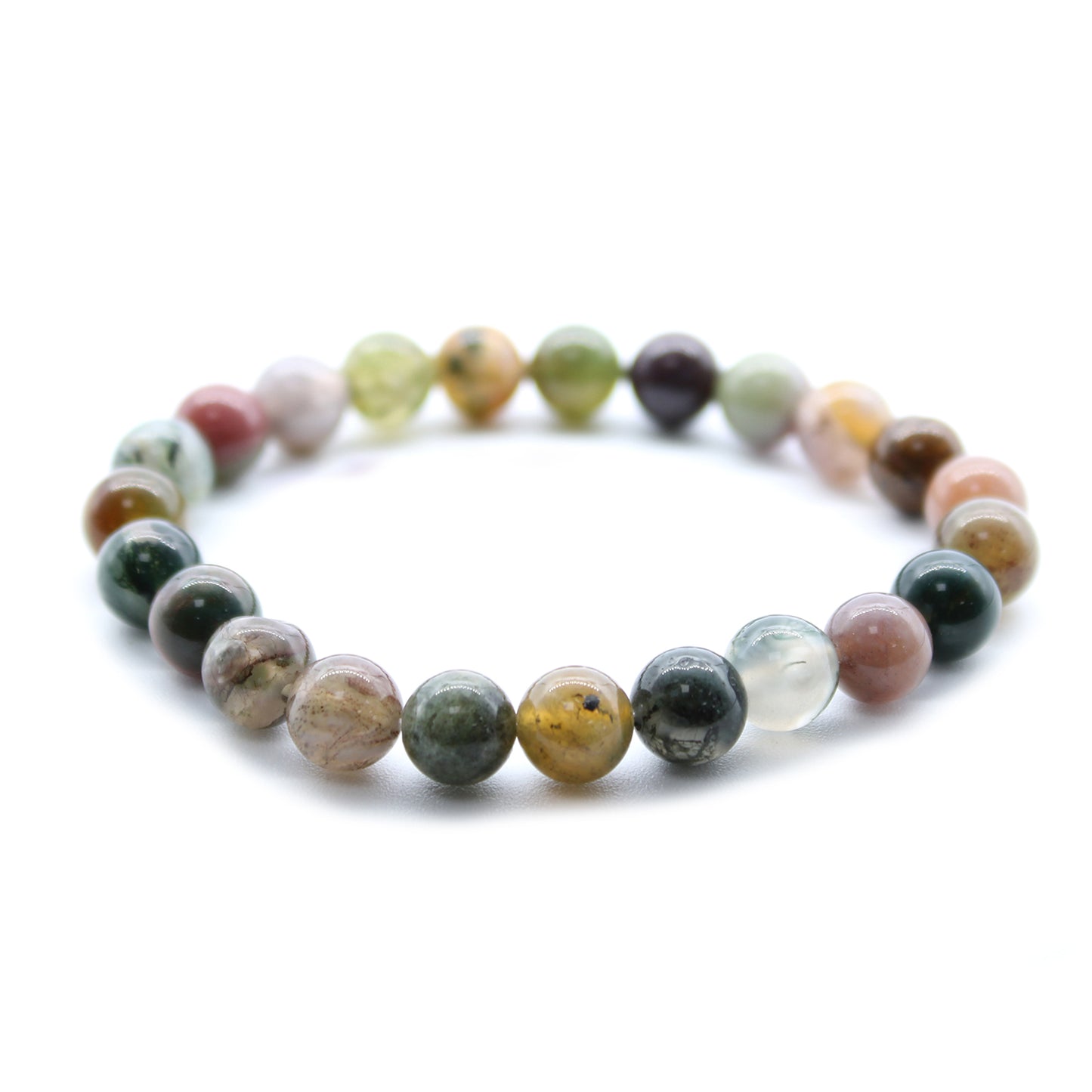 Moss Agate power bracelet with green 8mm beads, symbolising personal growth, talent awakening, and grounded creativity.