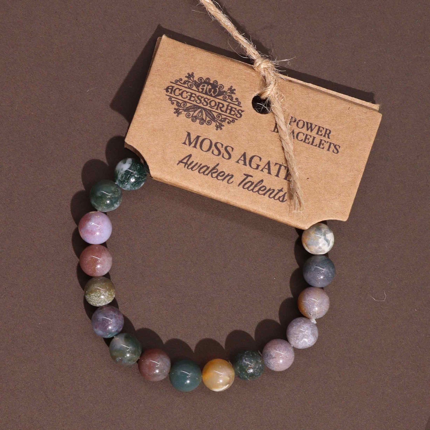 Moss Agate power bracelet with green 8mm beads, symbolising personal growth, talent awakening, and grounded creativity.