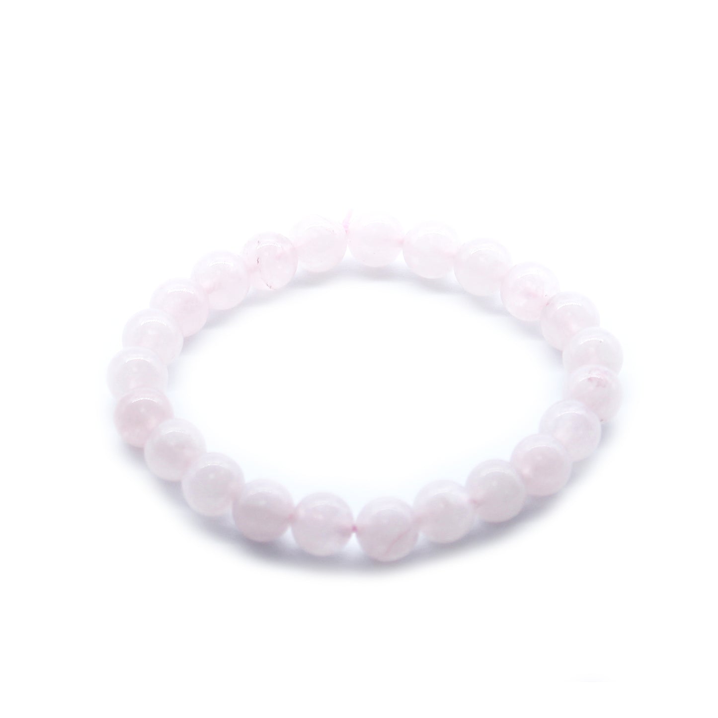Rose Quartz power bracelet with soft pink 8mm beads, symbolising love, forgiveness, and emotional reconciliation.