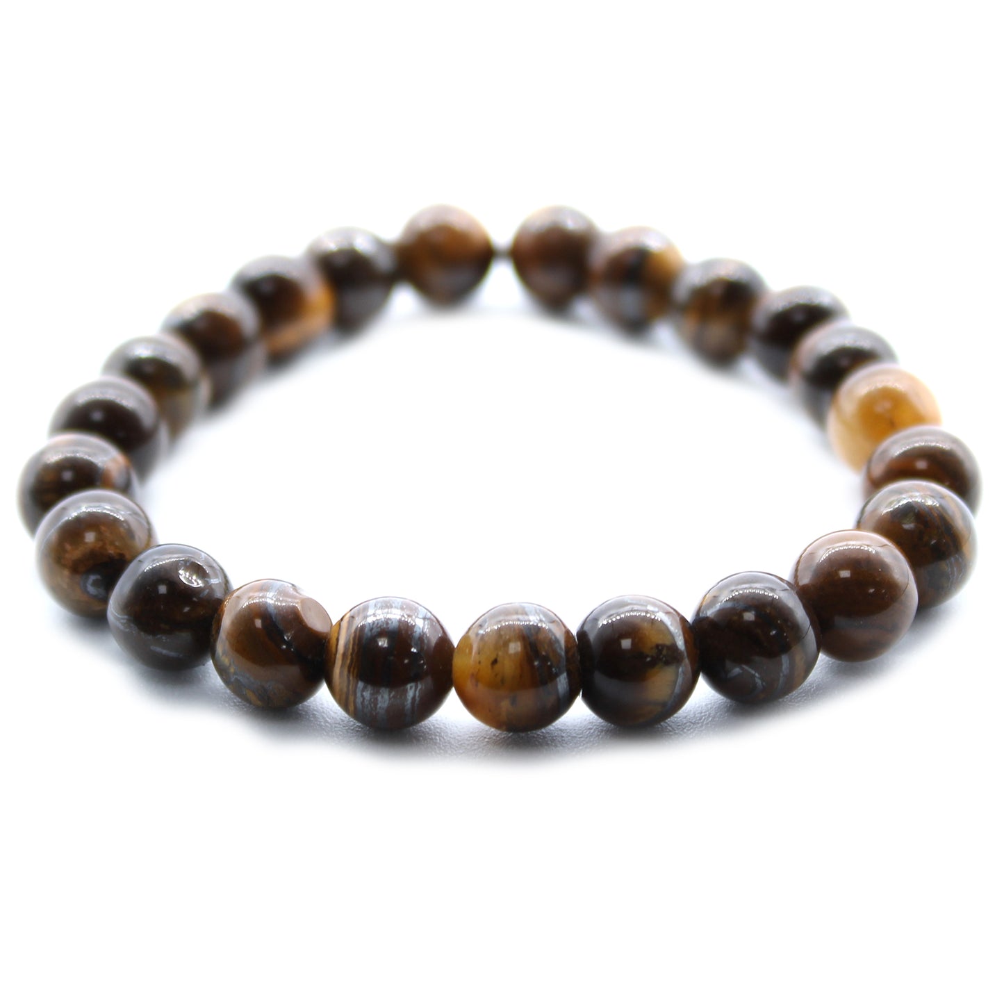Tiger’s Eye power bracelet with golden-brown 8mm beads, symbolising courage, protection, and overcoming fear.
