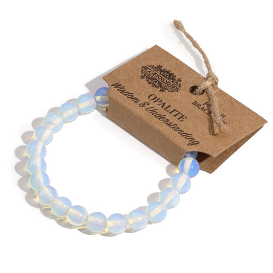 Opalite power bracelet with glowing 8mm beads, symbolising wisdom, inner understanding, and spiritual clarity.