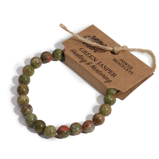 Green Jasper power bracelet with earthy green 8mm beads, symbolising healing, nurturing energy, and emotional balance.