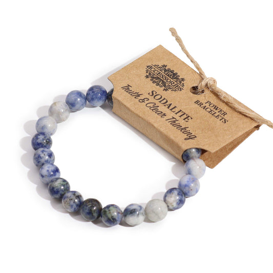 Sodalite power bracelet with deep blue 8mm beads, symbolising truth, communication, and mental clarity.