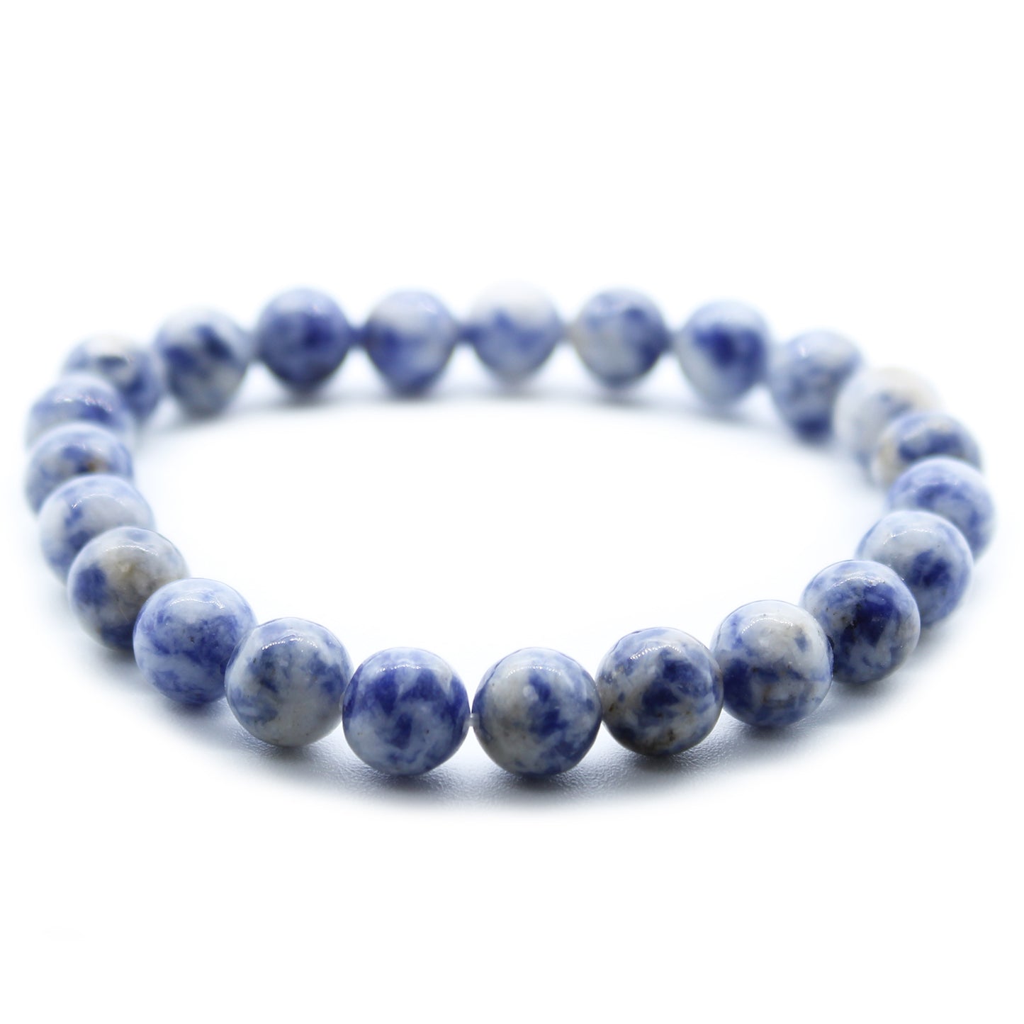 Sodalite power bracelet with deep blue 8mm beads, symbolising truth, communication, and mental clarity.