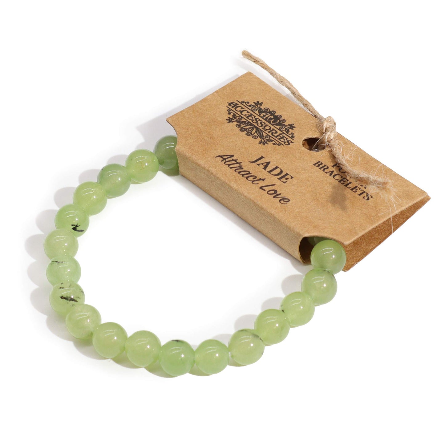 Jade power bracelet with soft green 8mm beads, symbolising love, harmony, and emotional balance.