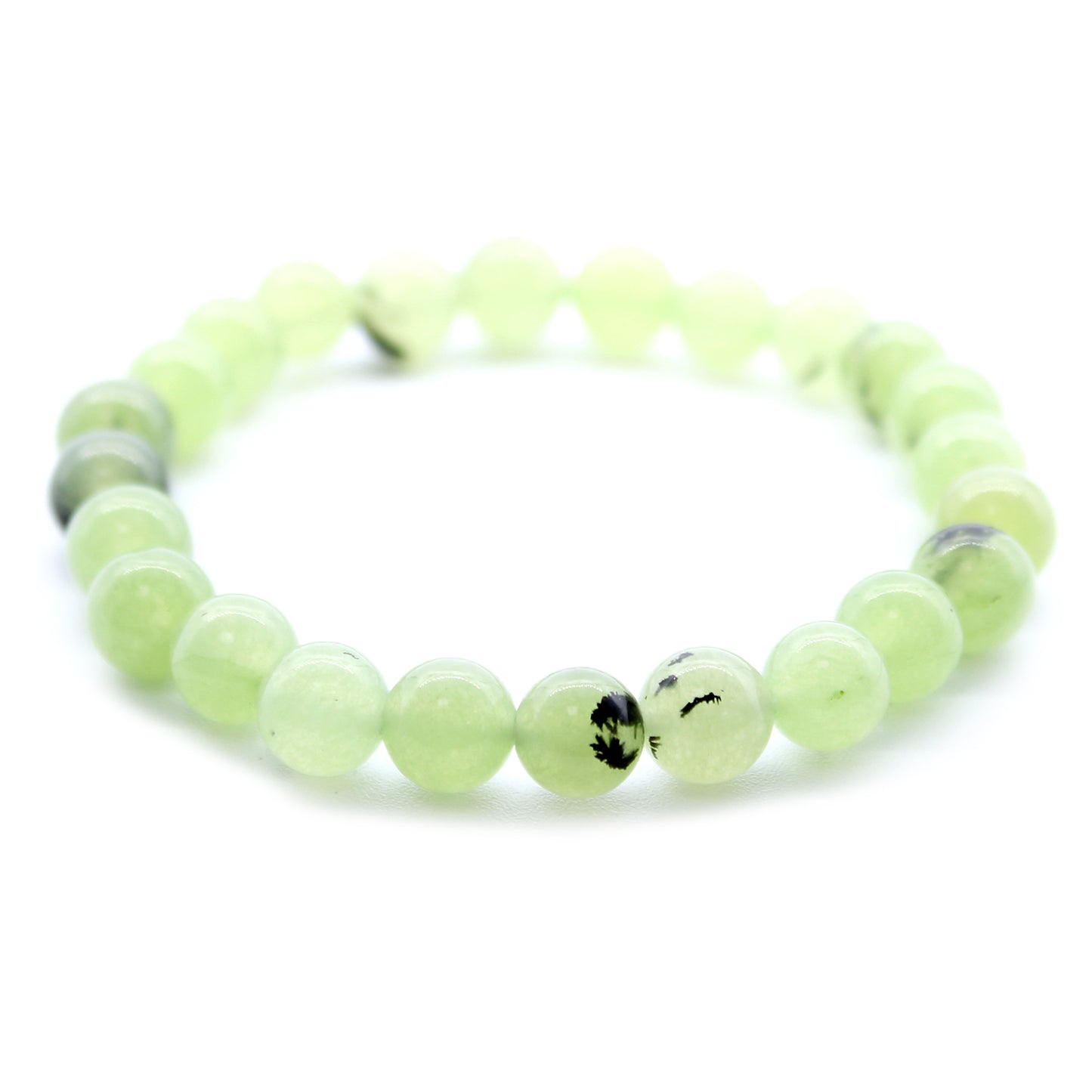 Jade power bracelet with soft green 8mm beads, symbolising love, harmony, and emotional balance.