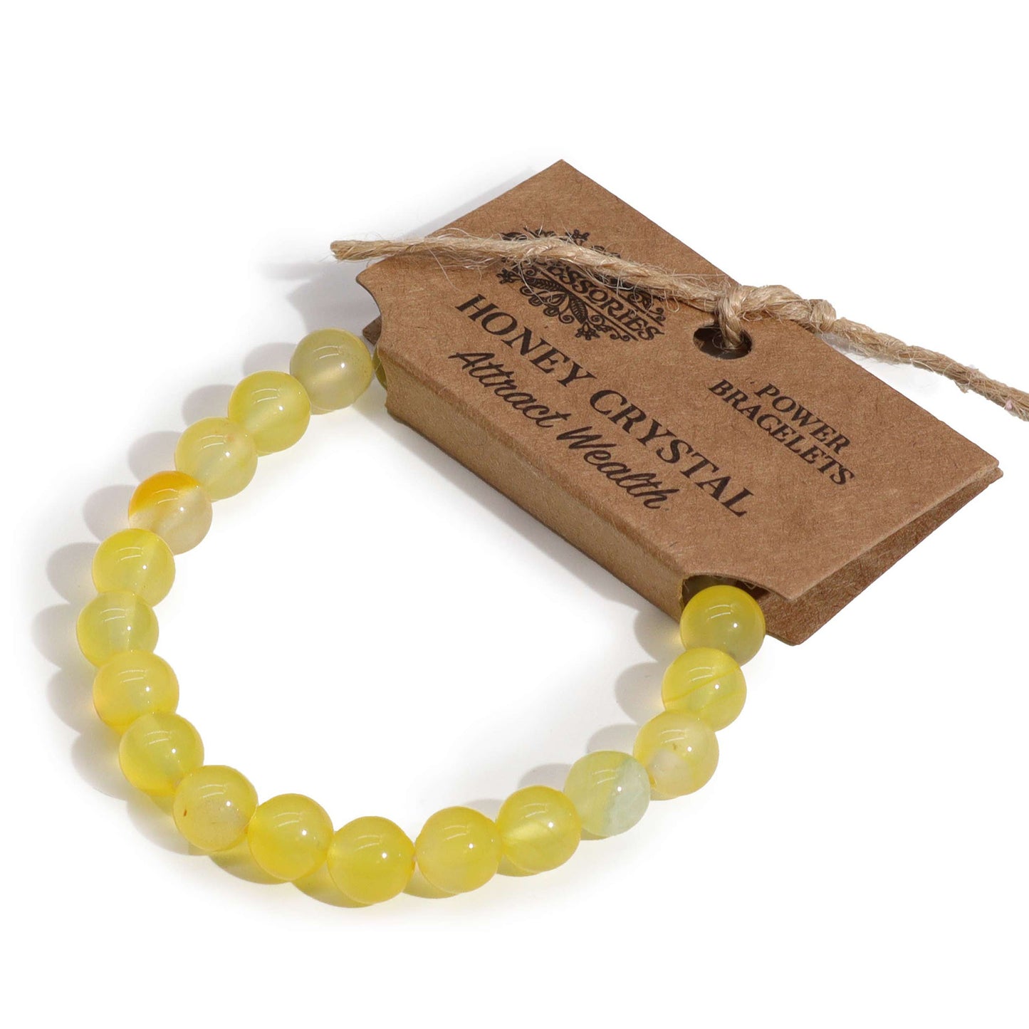 Honey Crystal power bracelet with golden 8mm gemstone beads, symbolising joy, creativity, and personal confidence.