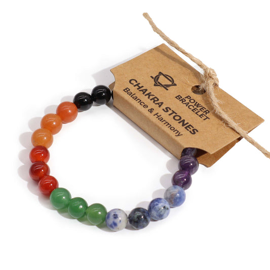 Chakra power bracelet with 7 gemstones representing the seven chakras, crafted with 8mm beads and strung on a stretch cord for energy alignment.