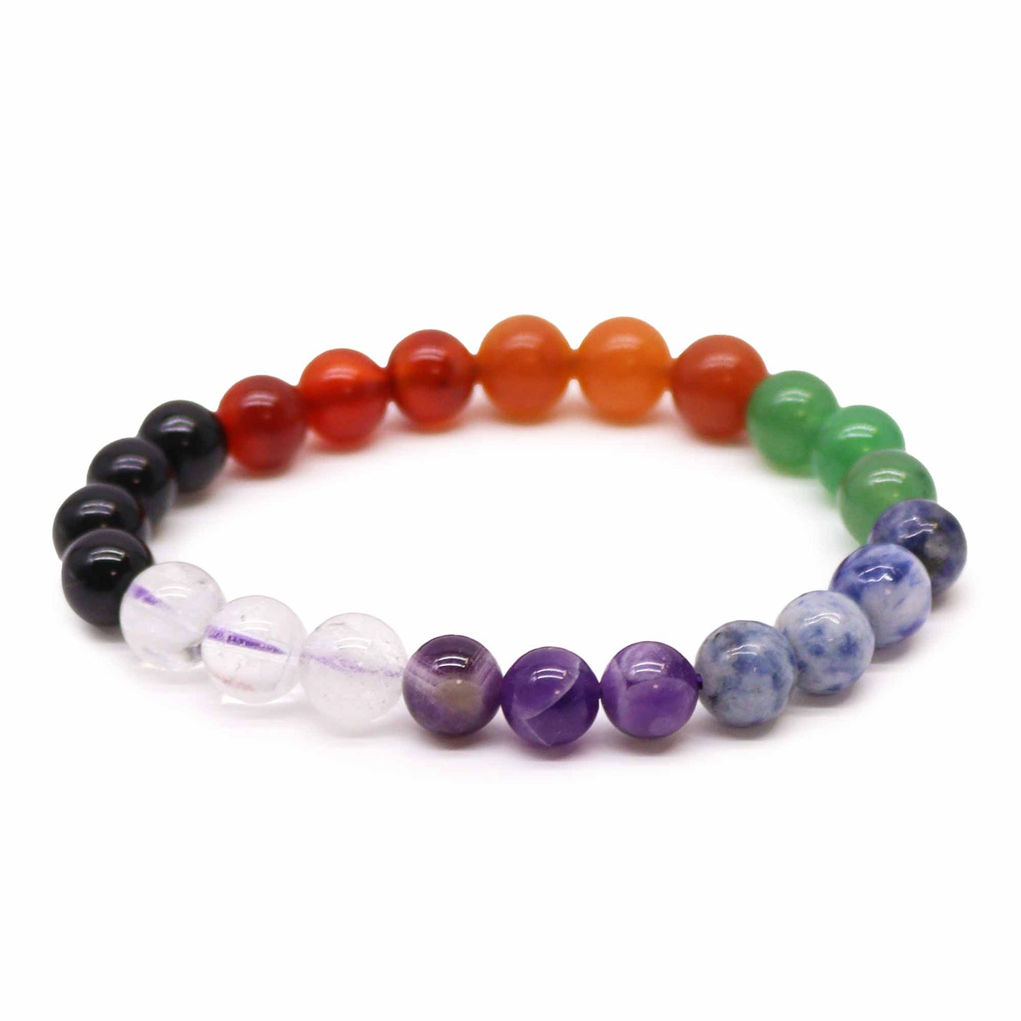 Chakra power bracelet with 7 gemstones representing the seven chakras, crafted with 8mm beads and strung on a stretch cord for energy alignment.