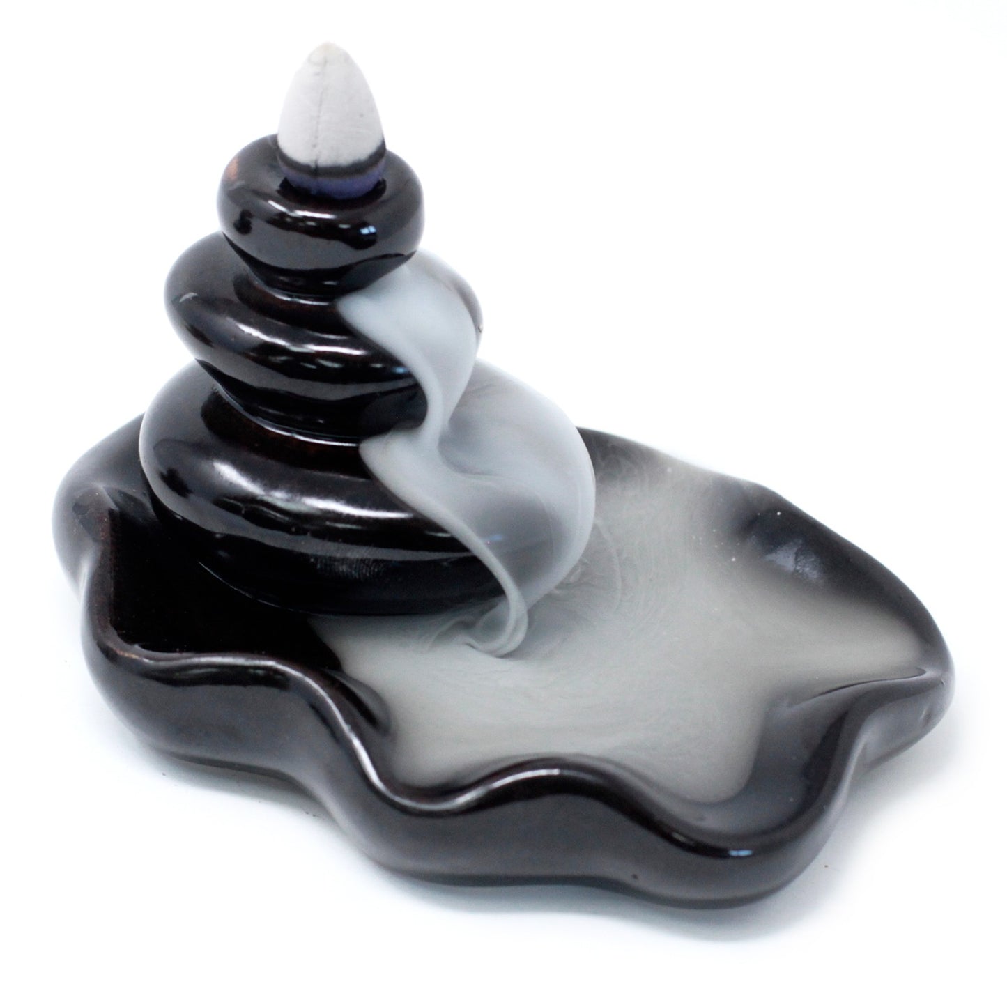 Large pebble-style backflow incense burner with cascading smoke waterfall into a wide base, suitable for serene décor and rituals.