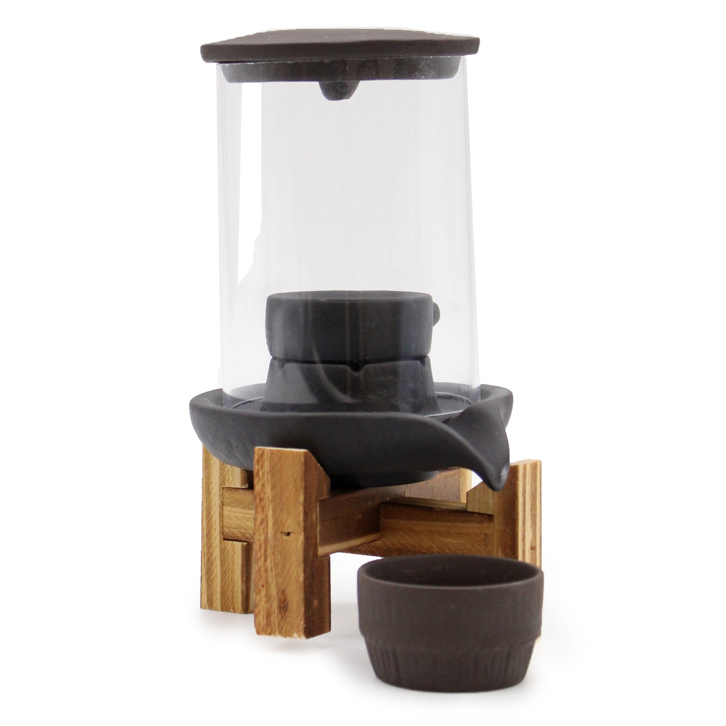 Teahouse-themed incense burner with cascading smoke from rooftop to base. Evokes Eastern serenity and traditional décor.