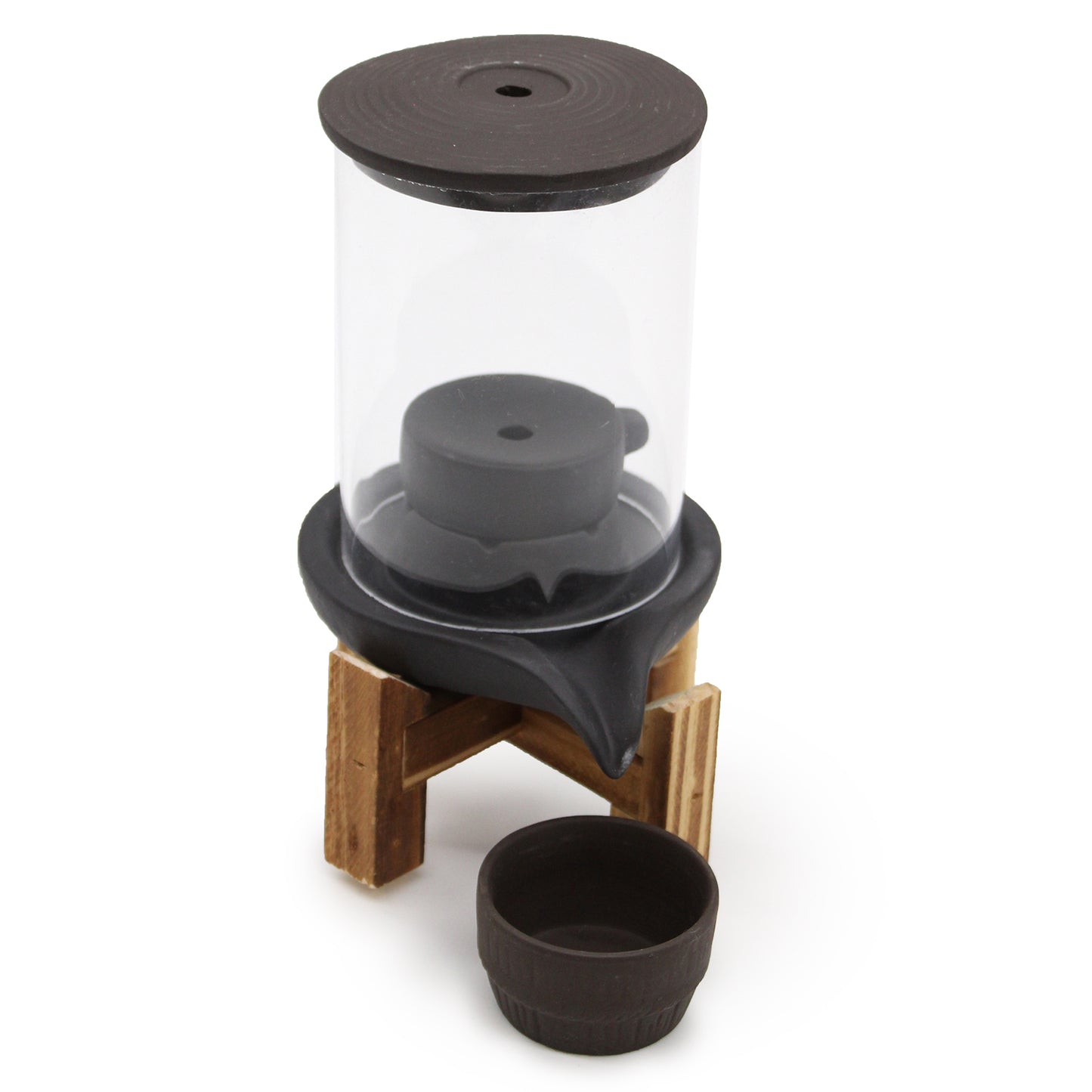 Teahouse-themed incense burner with cascading smoke from rooftop to base. Evokes Eastern serenity and traditional décor.