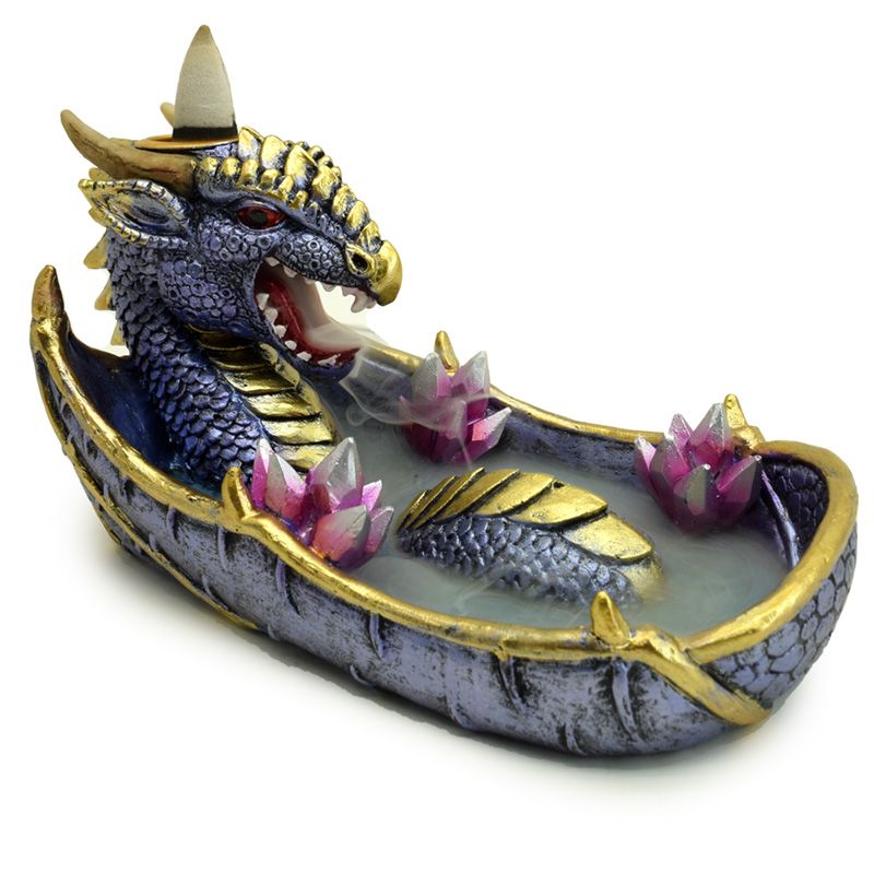Dragon-themed backflow incense burner with flowing smoke over amethyst crystal. Detailed sculpture for spiritual décor.