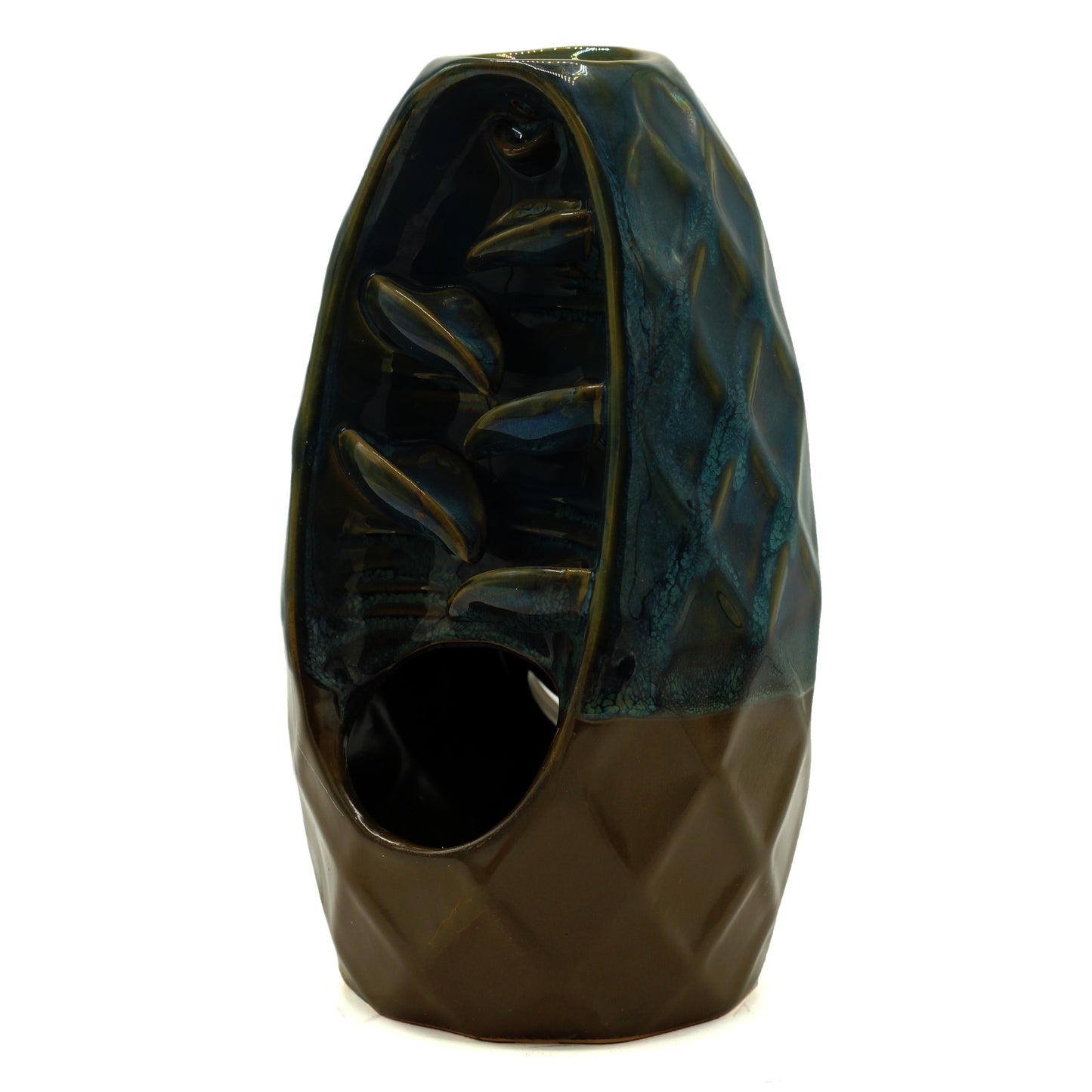 Mountain and bridge-themed backflow incense burner with cascading smoke effect, ideal for spiritual spaces and calming interiors.