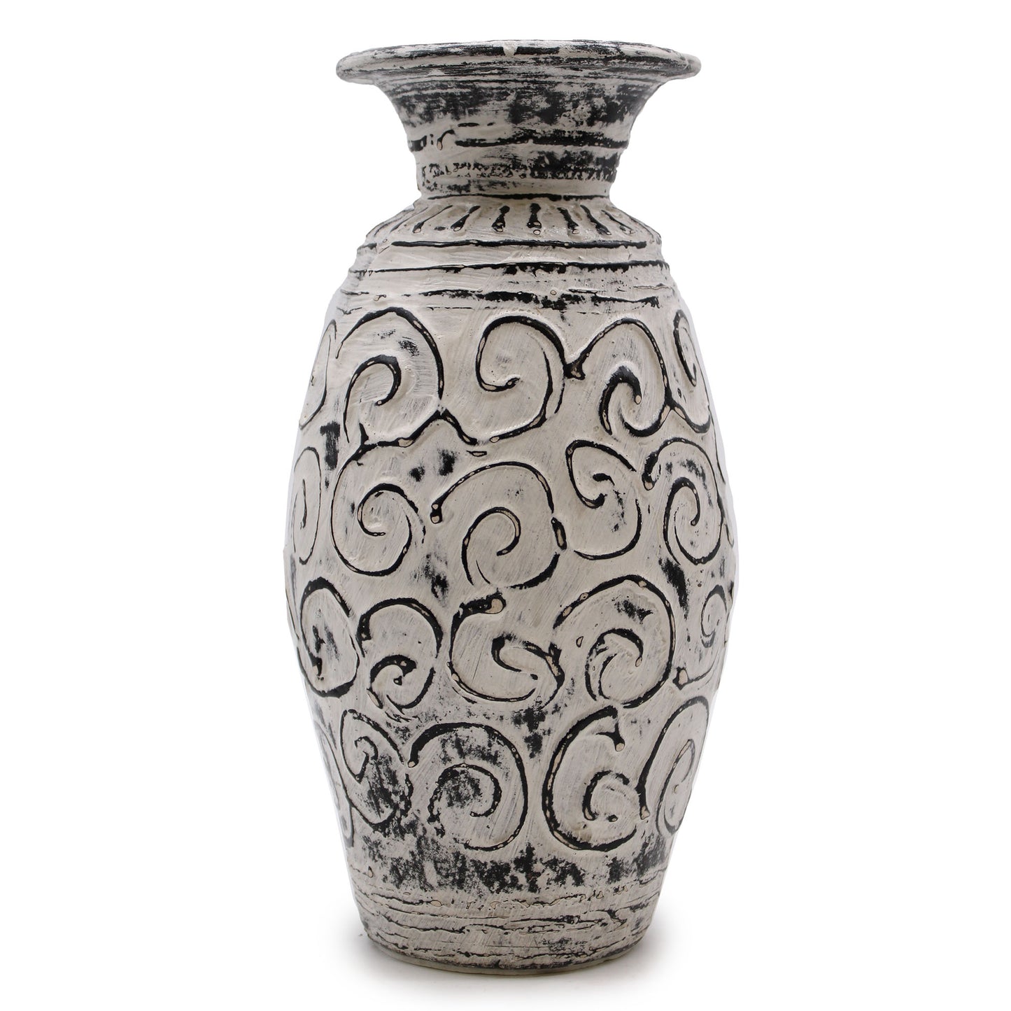 Cream terracotta vase with swirl carvings and flared rim – handcrafted in Lombok, ideal for dried floral arrangements or ornamental display.