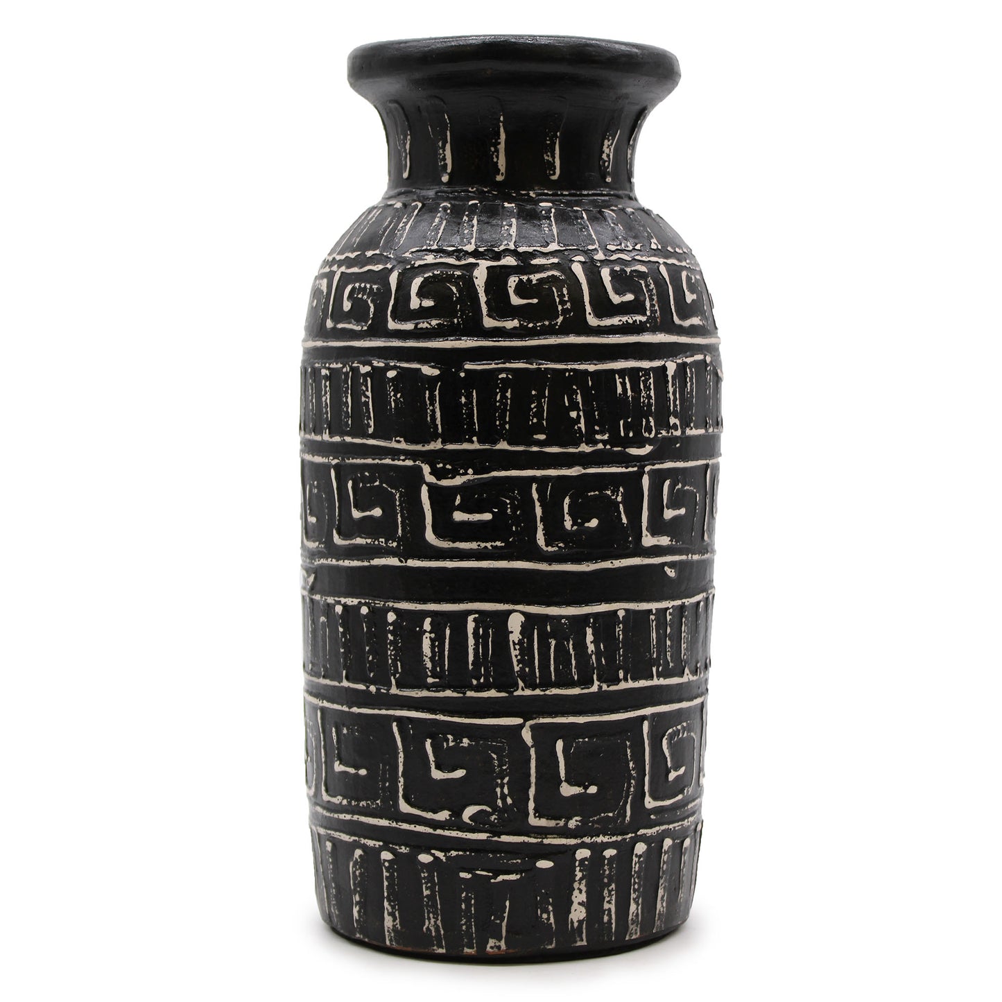 Tall black terracotta vase with straight form and carved Greek pattern – handcrafted in Lombok, ideal for dried floral arrangements.
