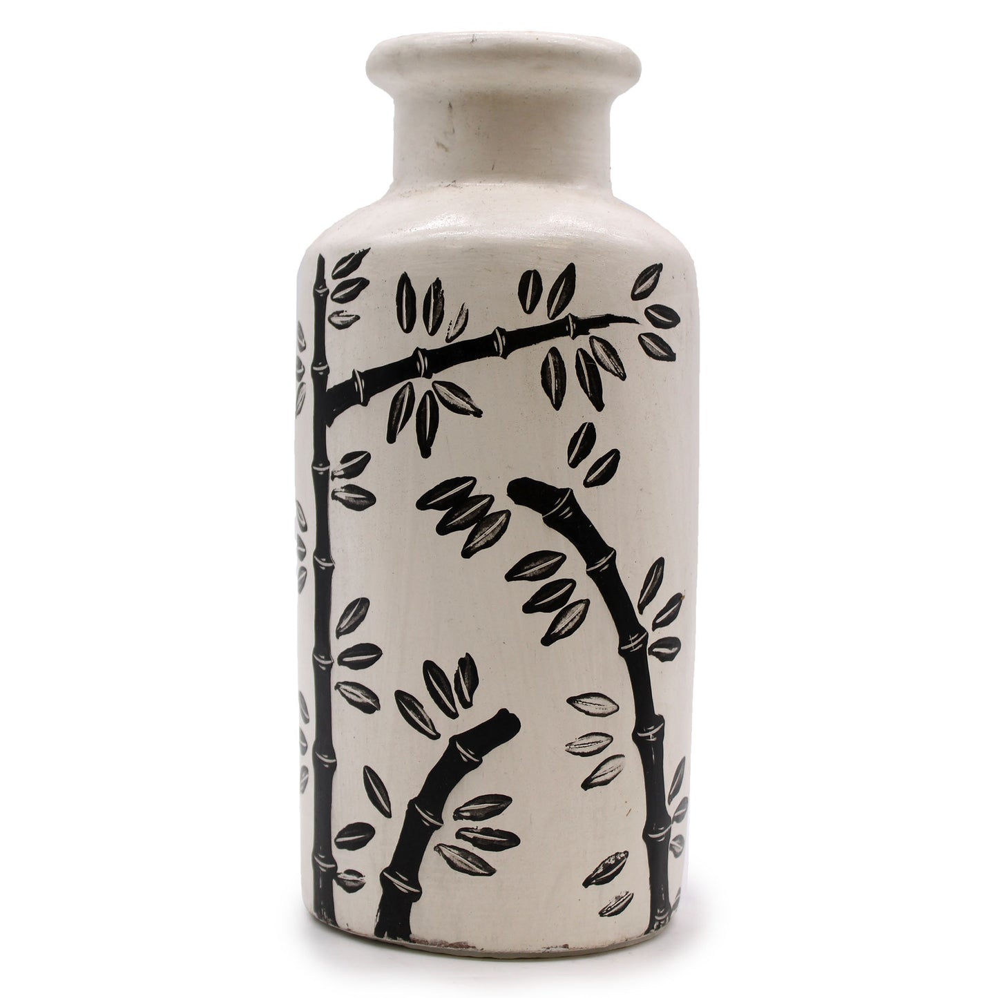 Terracotta vase with black bamboo motif on natural white background – handcrafted in Lombok, ideal for dried flowers or decorative use.