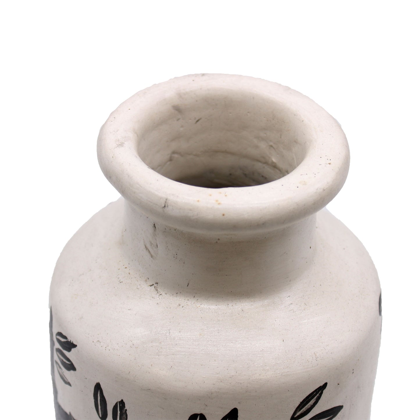 Terracotta vase with black bamboo motif on natural white background – handcrafted in Lombok, ideal for dried flowers or decorative use.